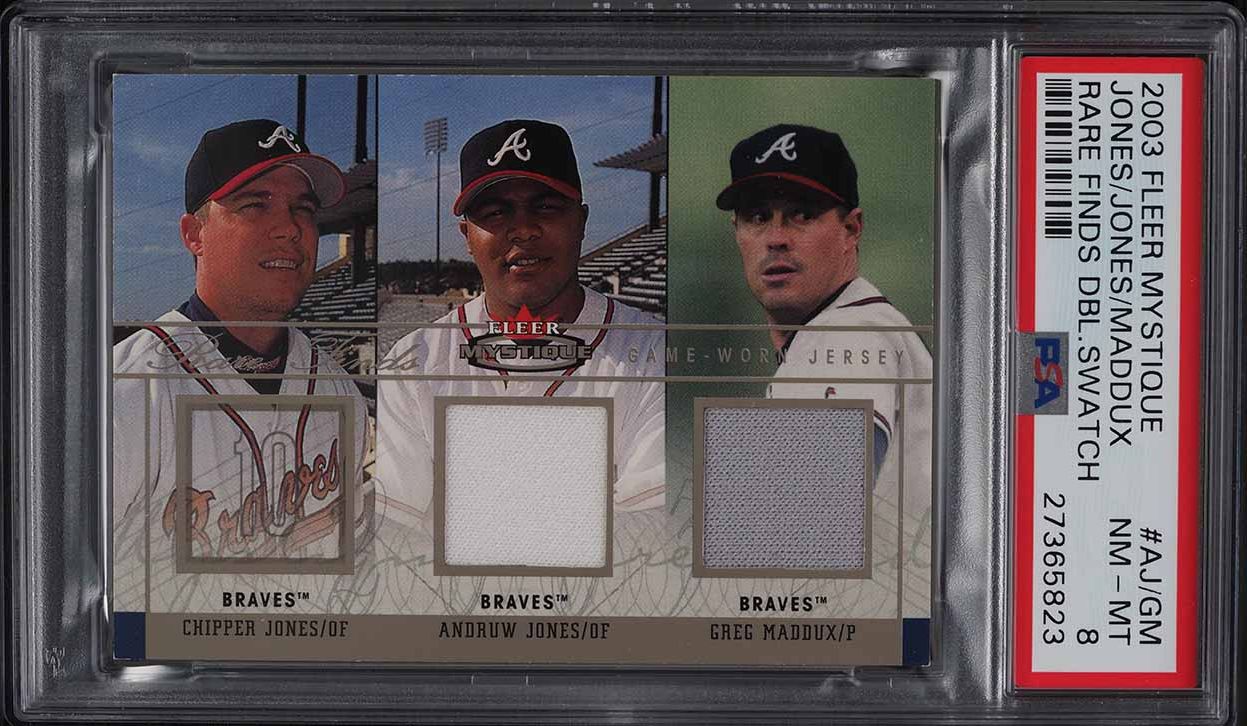 2003 Fleer Mystique Rare Finds Chipper Jones Greg Maddux PATCH /75 #AJ/GM PSA 8