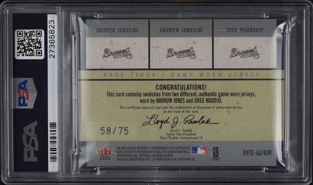 2003 Fleer Mystique Rare Finds Chipper Jones Greg Maddux PATCH /75 #AJ/GM PSA 8