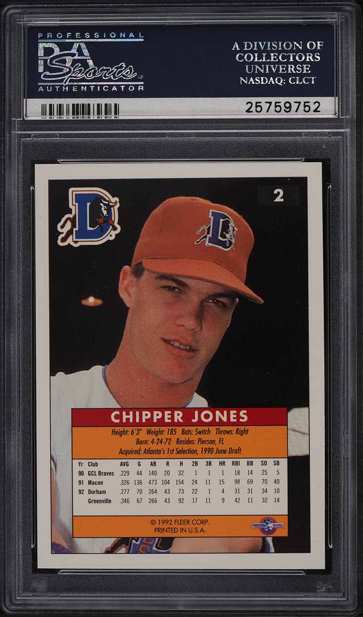 1992 Fleer Excel Chipper Jones ROOKIE #2 PSA 10 GEM MINT on