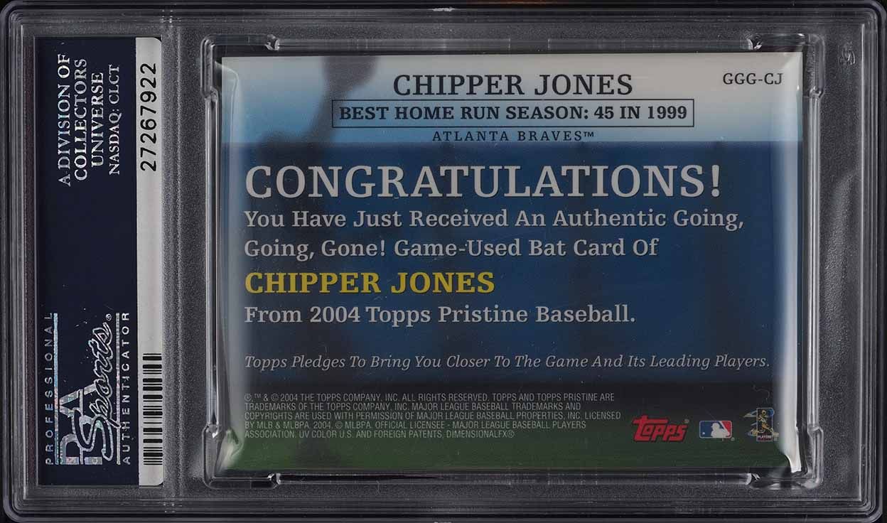 2004 Topps Pristine Going Going Gone Chipper Jones BAT PATCH #GGGCJ PSA 10 GEM