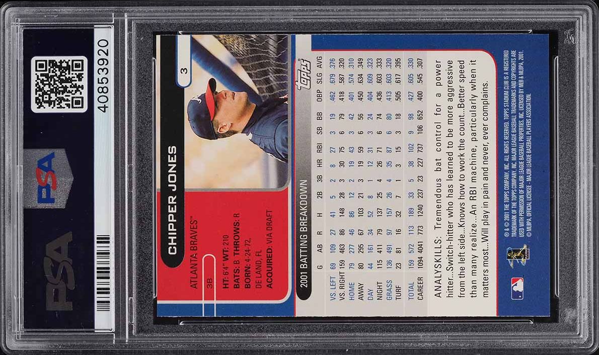 2002 Stadium Club Chipper Jones #3 PSA 8 NM-MT
