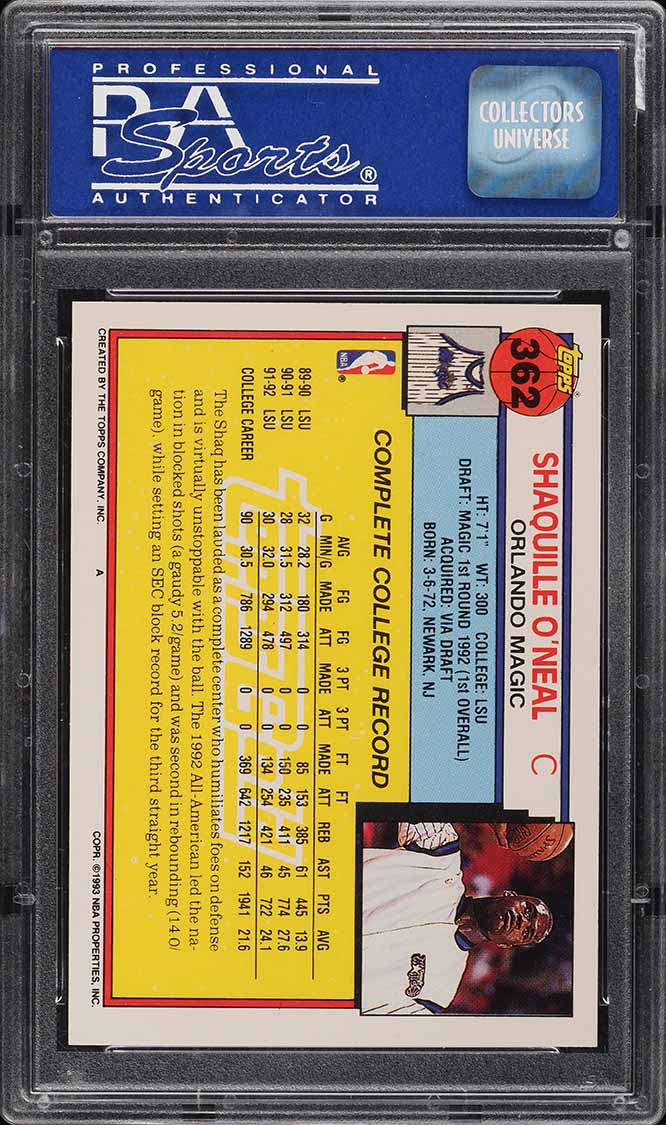 1992 Topps Gold Shaquille O'Neal ROOKIE #362 PSA 9 MINT