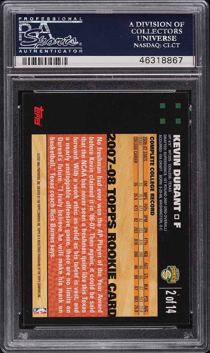 2007 Topps Basketball Kevin Durant ROOKIE #2 PSA 10 GEM MINT