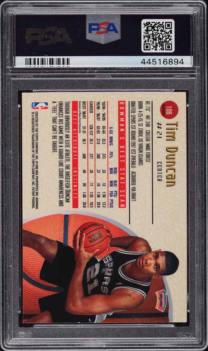 1997 Bowman's Best Refractor Tim Duncan ROOKIE #106 PSA 10 GEM MINT