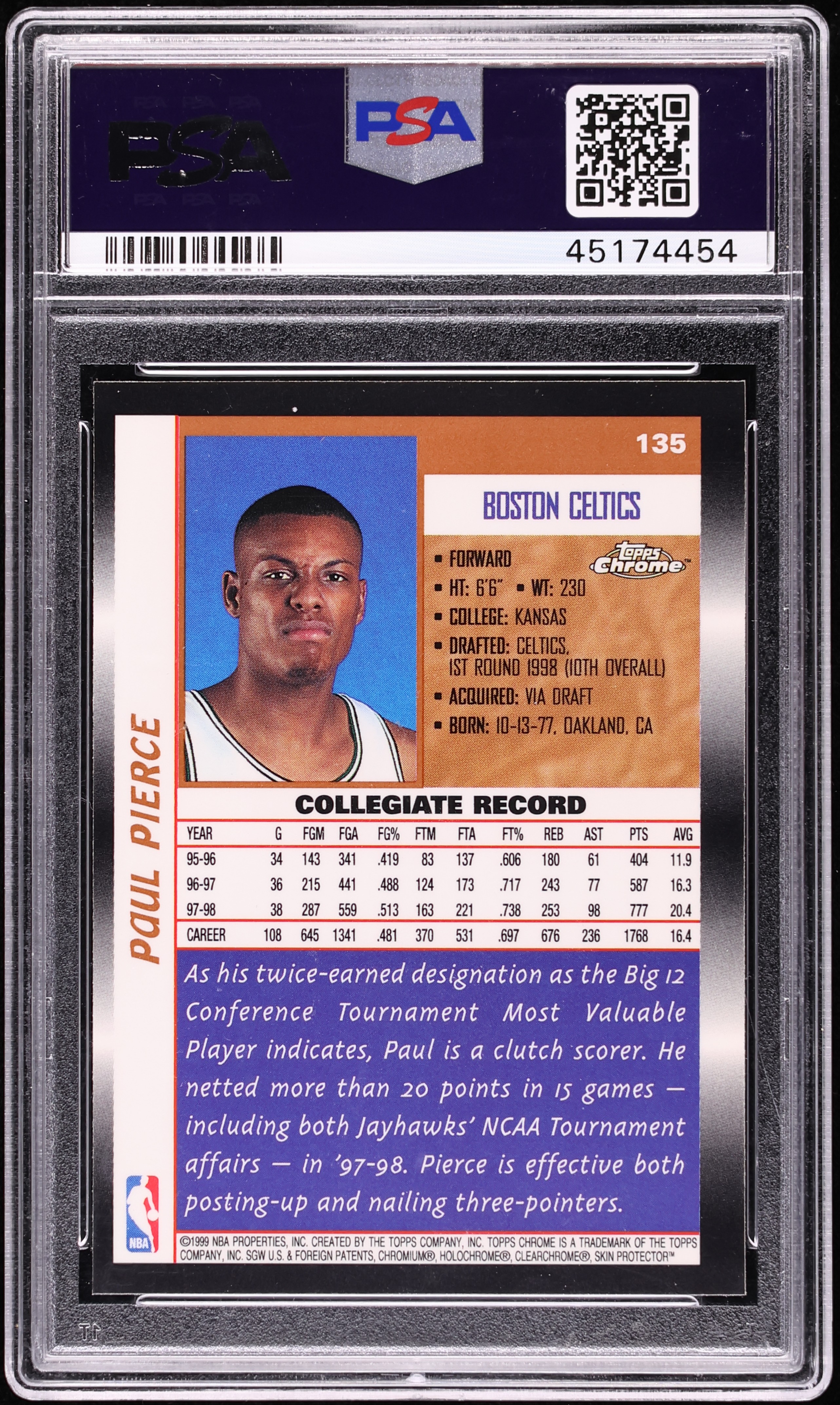 1998 Topps Chrome Paul Pierce ROOKIE #135 PSA 10 GEM MINT on