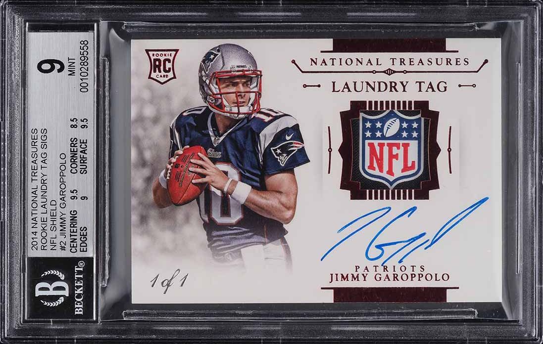 2014 National Treasures Jimmy Garoppolo ROOKIE NFL SHIELD PATCH AUTO 1/1 BGS 9