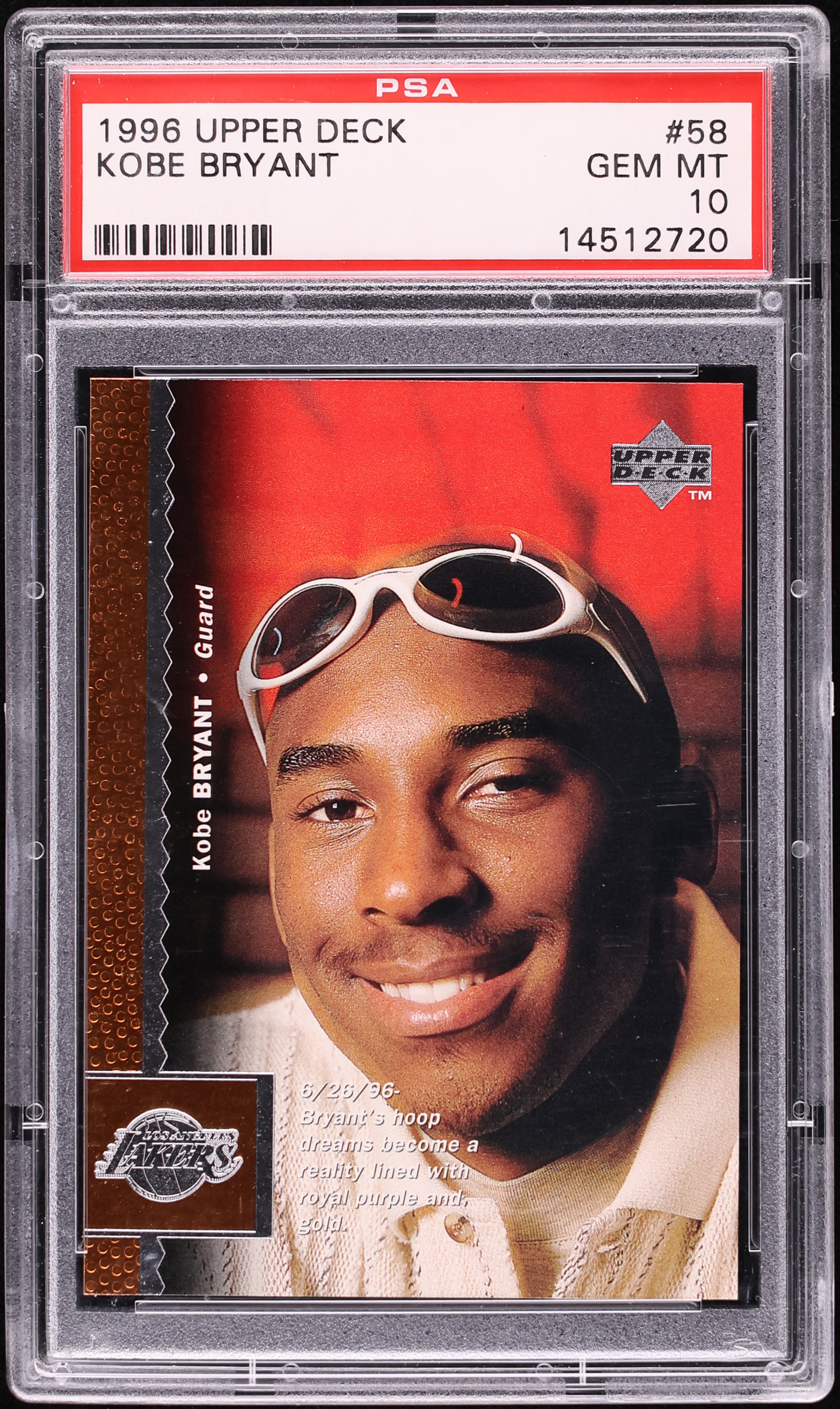 1996 Upper Deck Basketball Kobe Bryant ROOKIE #58 PSA 10 GEM MINT