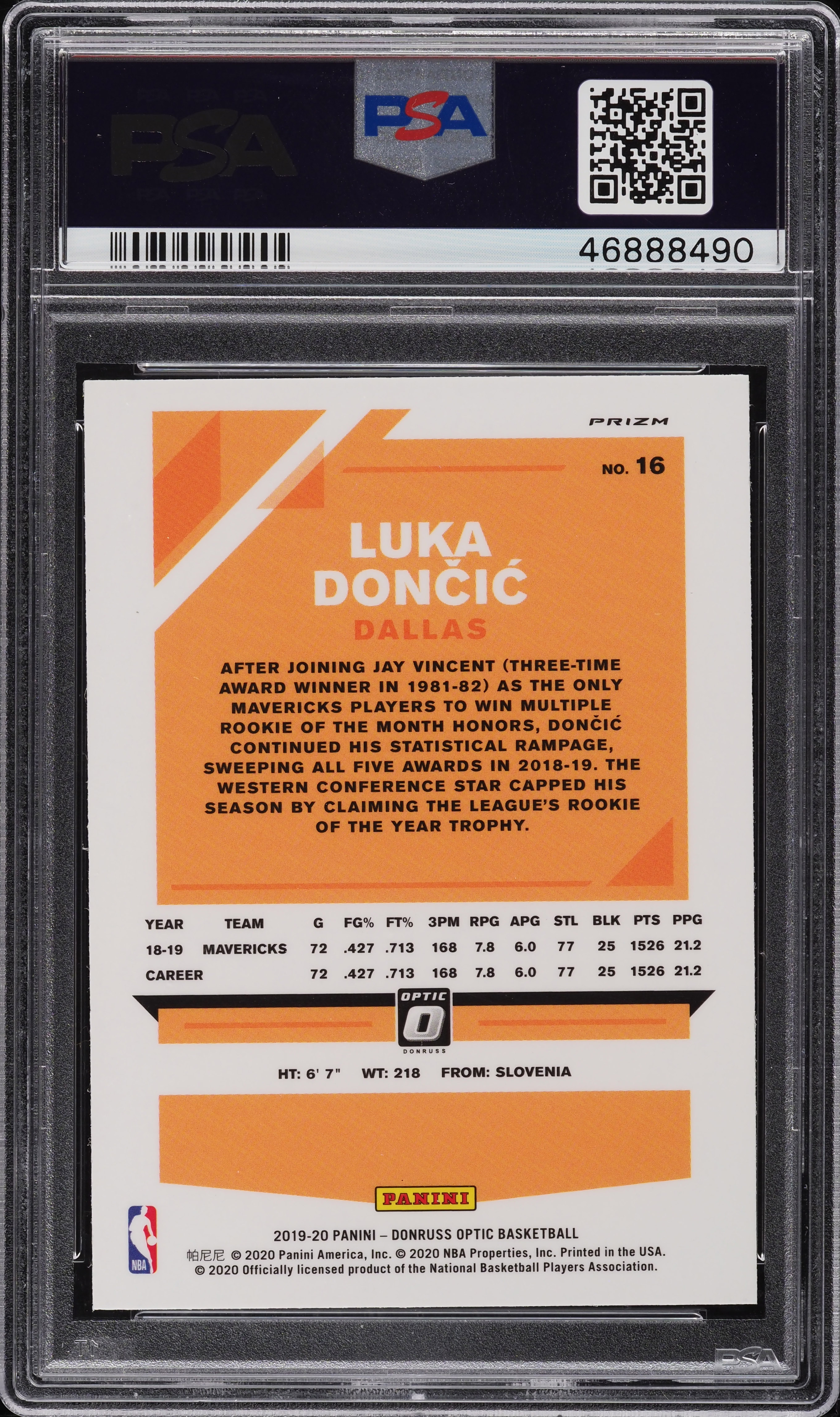 2019 Donruss Optic Holo Luka Doncic #16 PSA 10 GEM MINT on