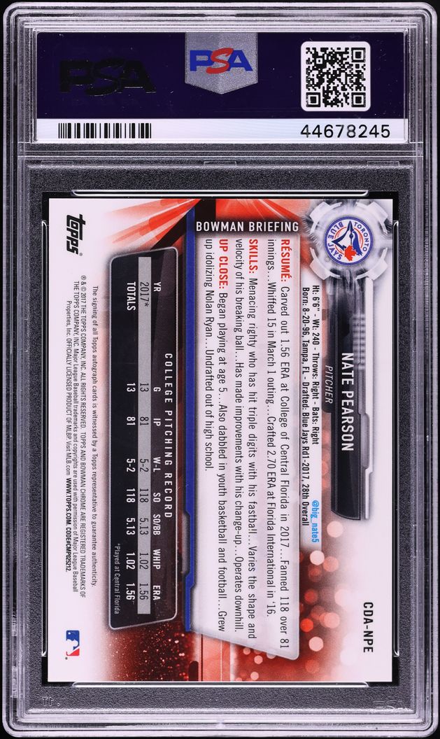 2017 Bowman Chrome Draft Nate Pearson PROSPECT AUTO #CDA-NPE PSA 10 GEM MINT