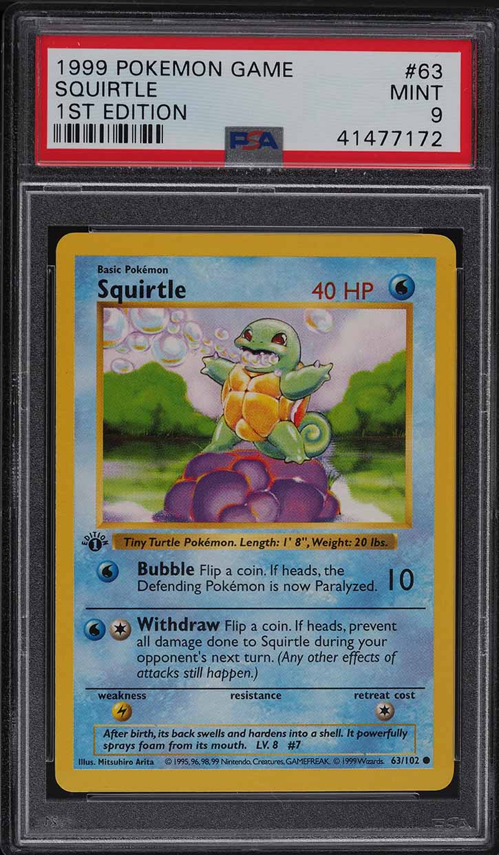 1999 Pokemon Base Set Shadowless 1st Edition Squirtle #63 PSA 9 MINT