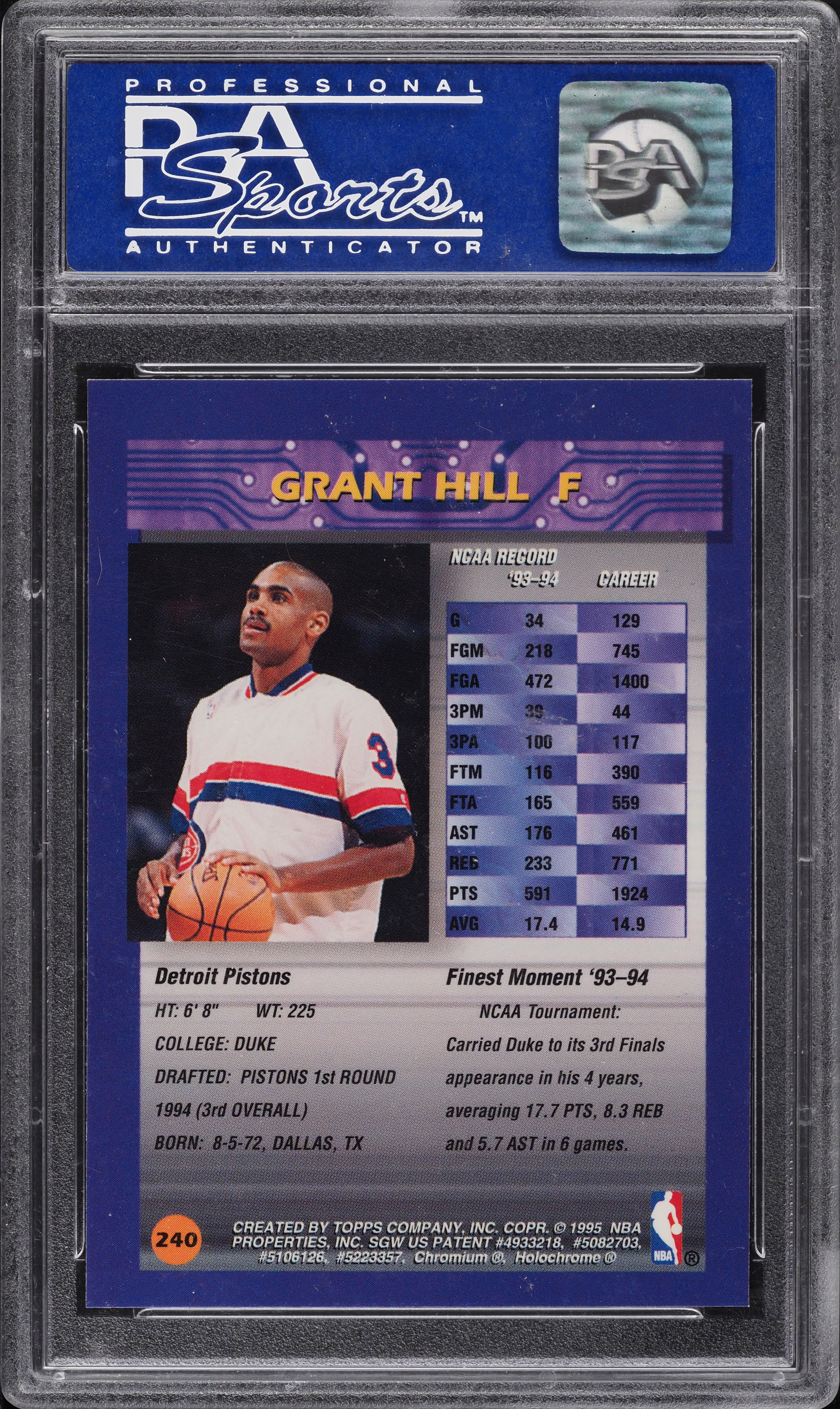 1994 Finest Basketball w/ Coating Grant Hill ROOKIE #240 PSA 9