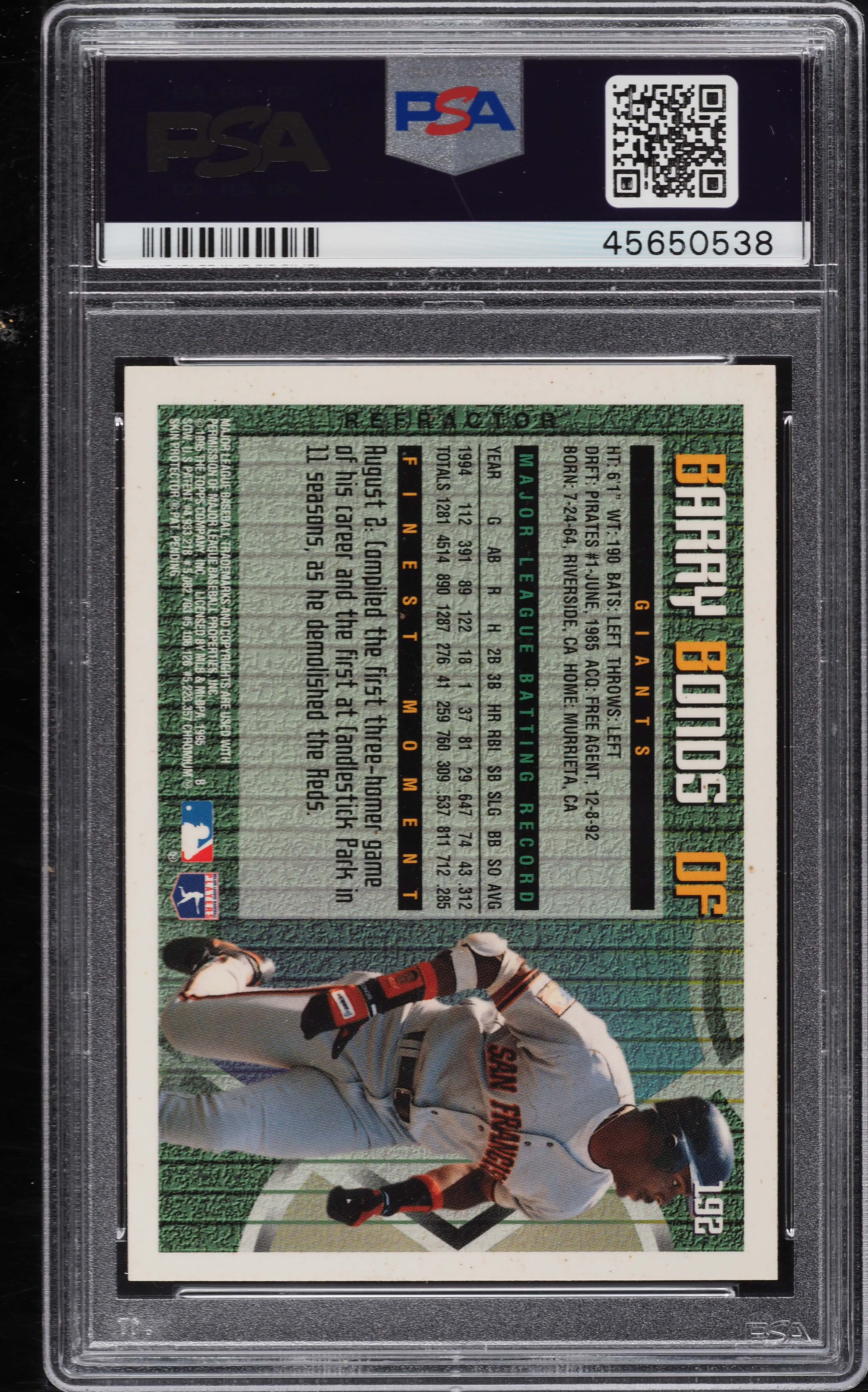 1995 Finest Refractor Barry Bonds #192 PSA 9 MINT on Fanatics Collect