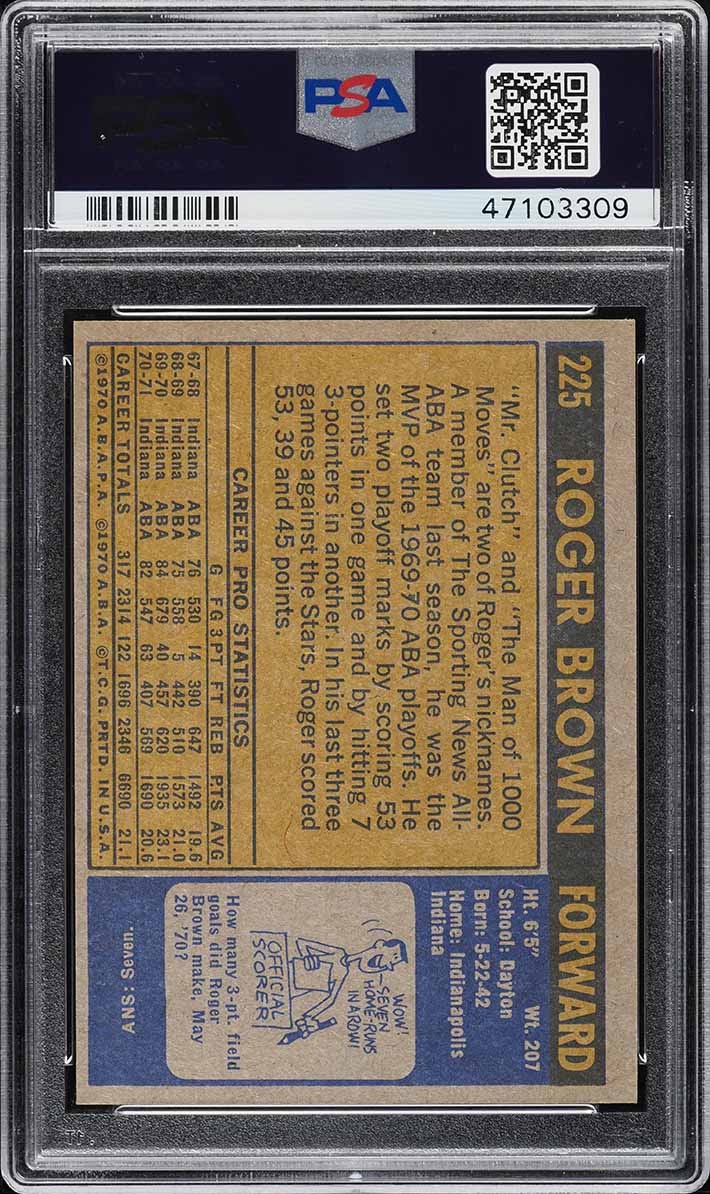 1971 Topps Basketball Roger Brown ROOKIE #225 PSA 8 NM-MT