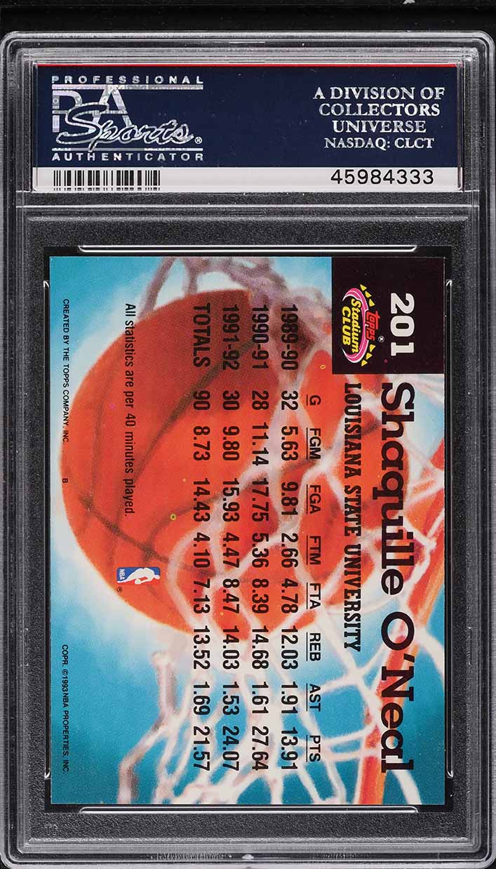 1992 Stadium Club Member's Choice Shaquille O'Neal ROOKIE #201 PSA