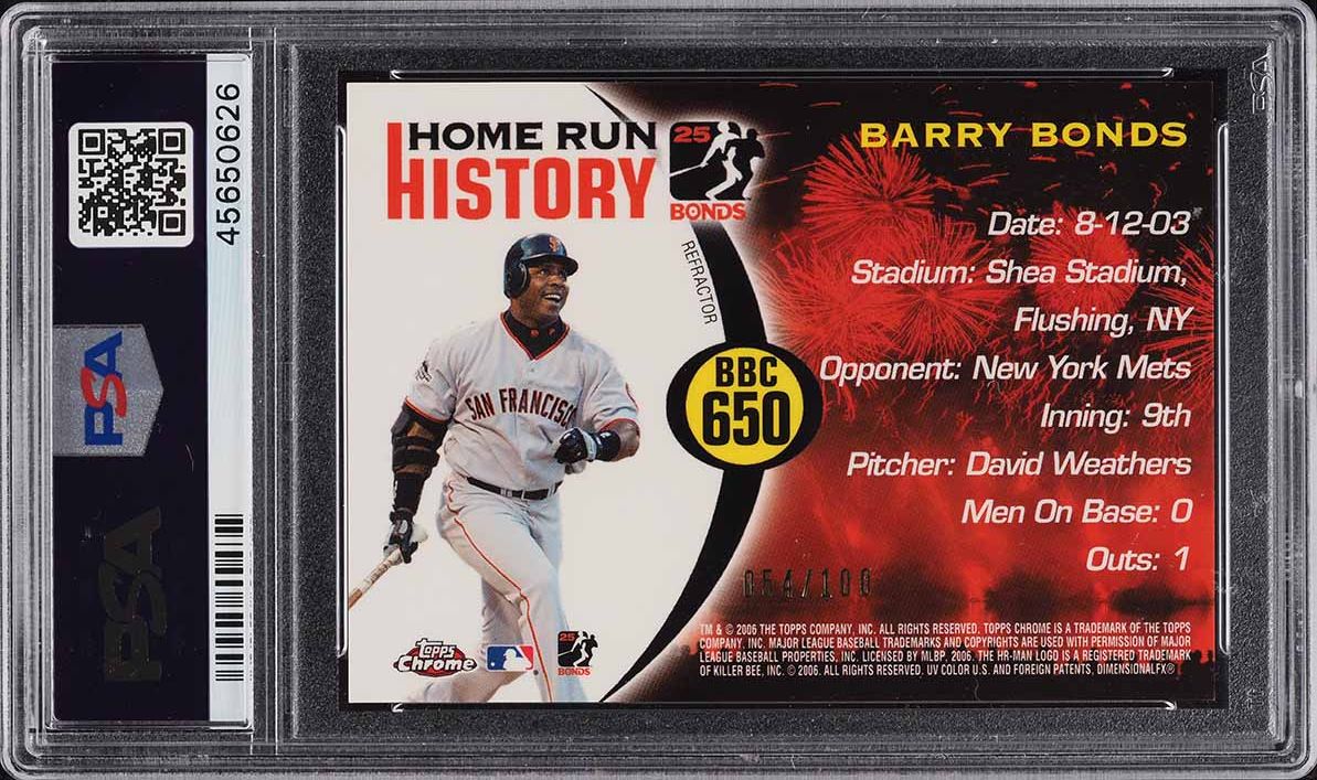 2006 Topps Chrome Home Run History Blue Refractor Barry Bonds /100