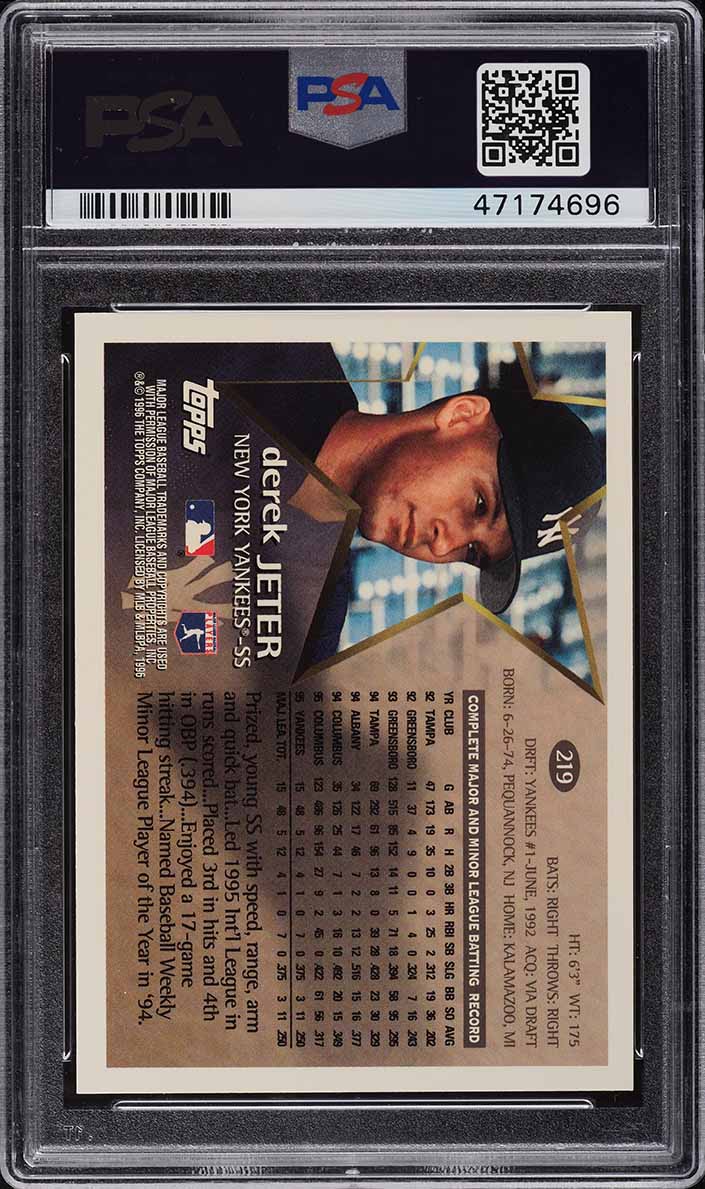 1996 Topps Derek Jeter ROOKIE #219 PSA 10 GEM MINT on Fanatics Collect