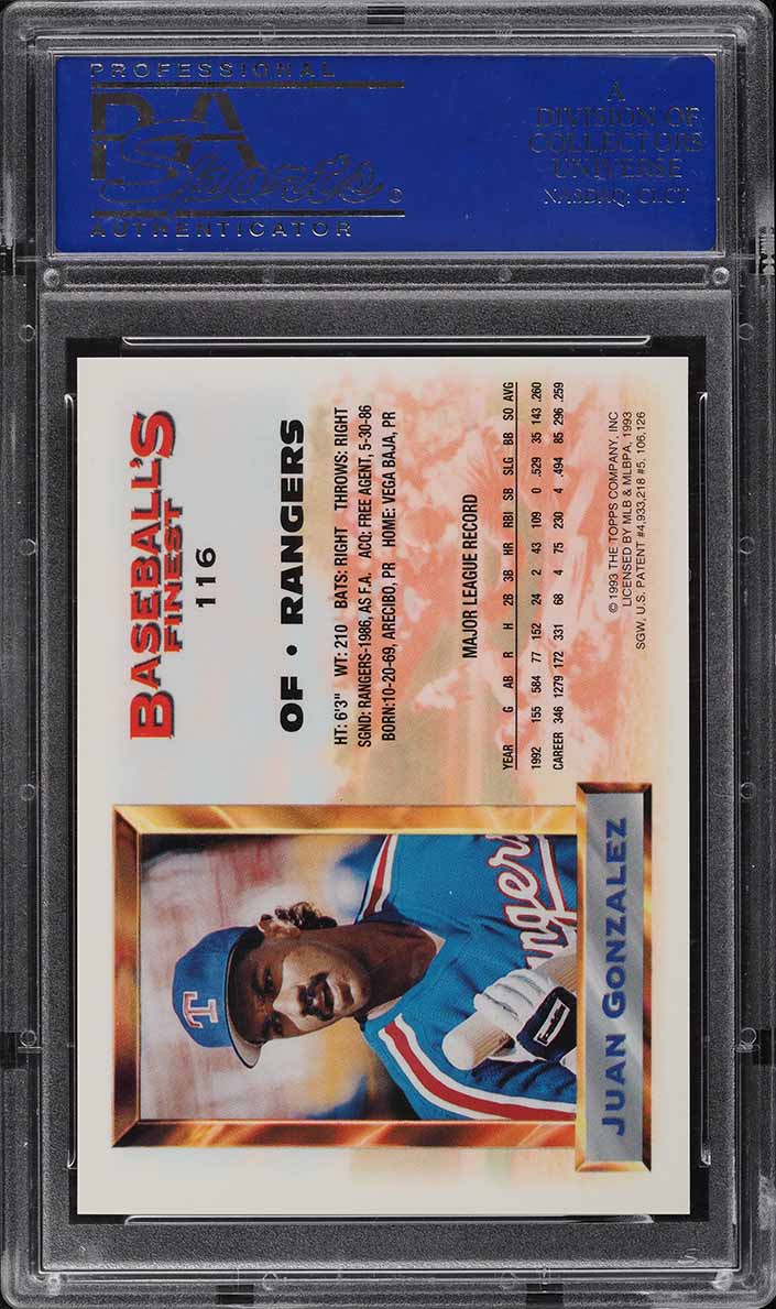 1993 Finest Refractor Juan Gonzalez #116 PSA 10 GEM MINT