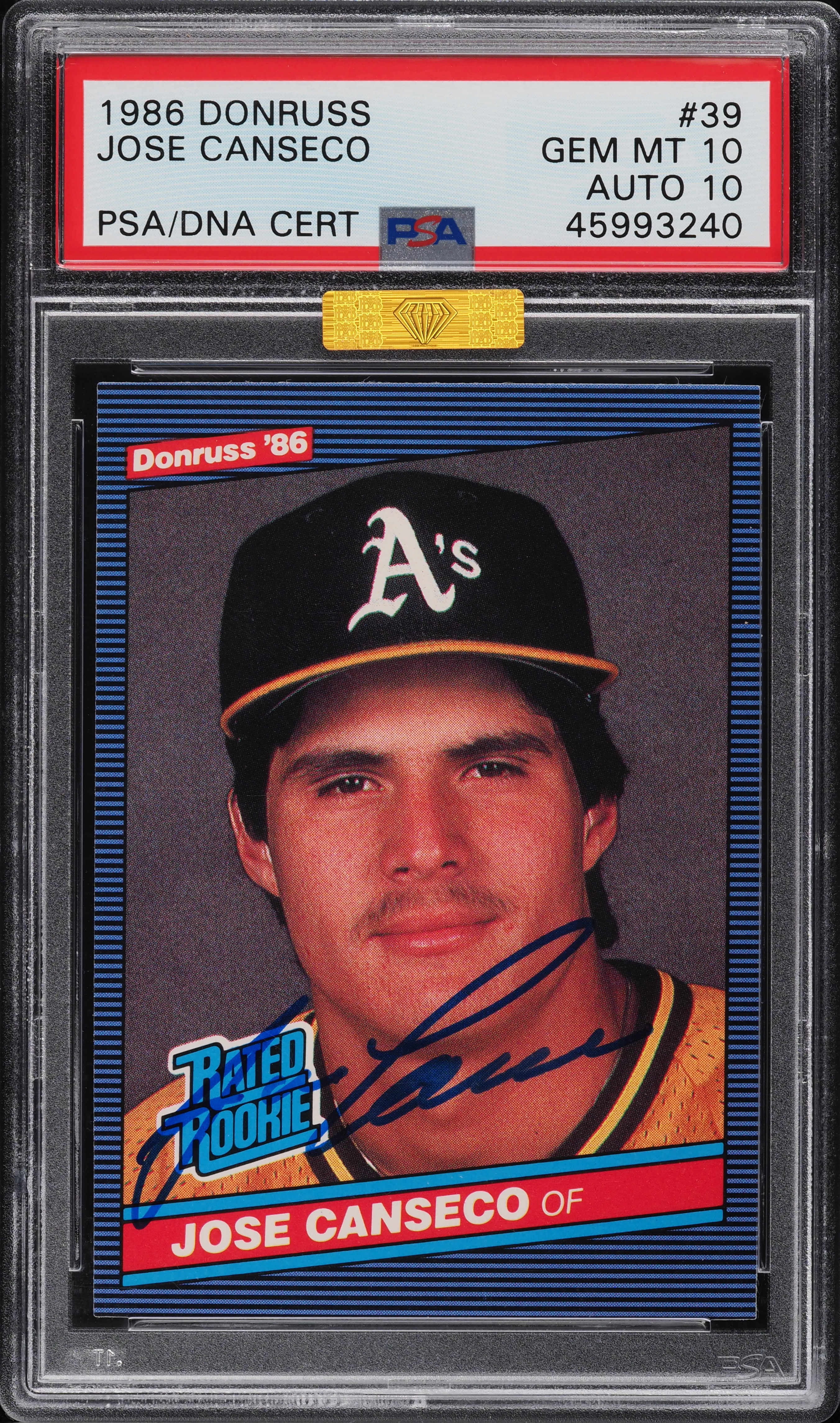 Carte Rookie Jose Canseco 1986 Donruss Signée - BGS Authentic, Dédicacée