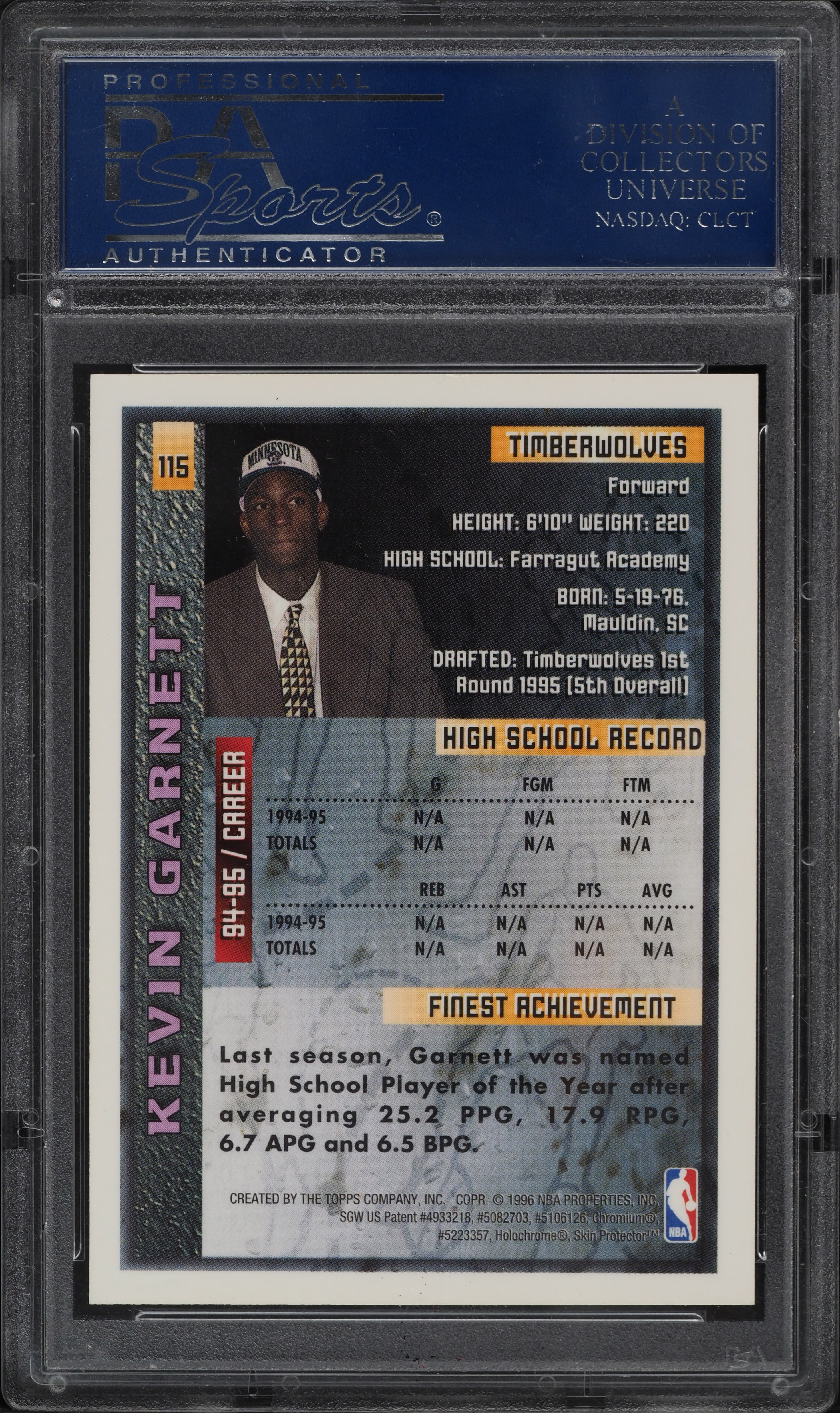 1995 Finest Basketball Kevin Garnett ROOKIE #115 PSA 9 MINT on