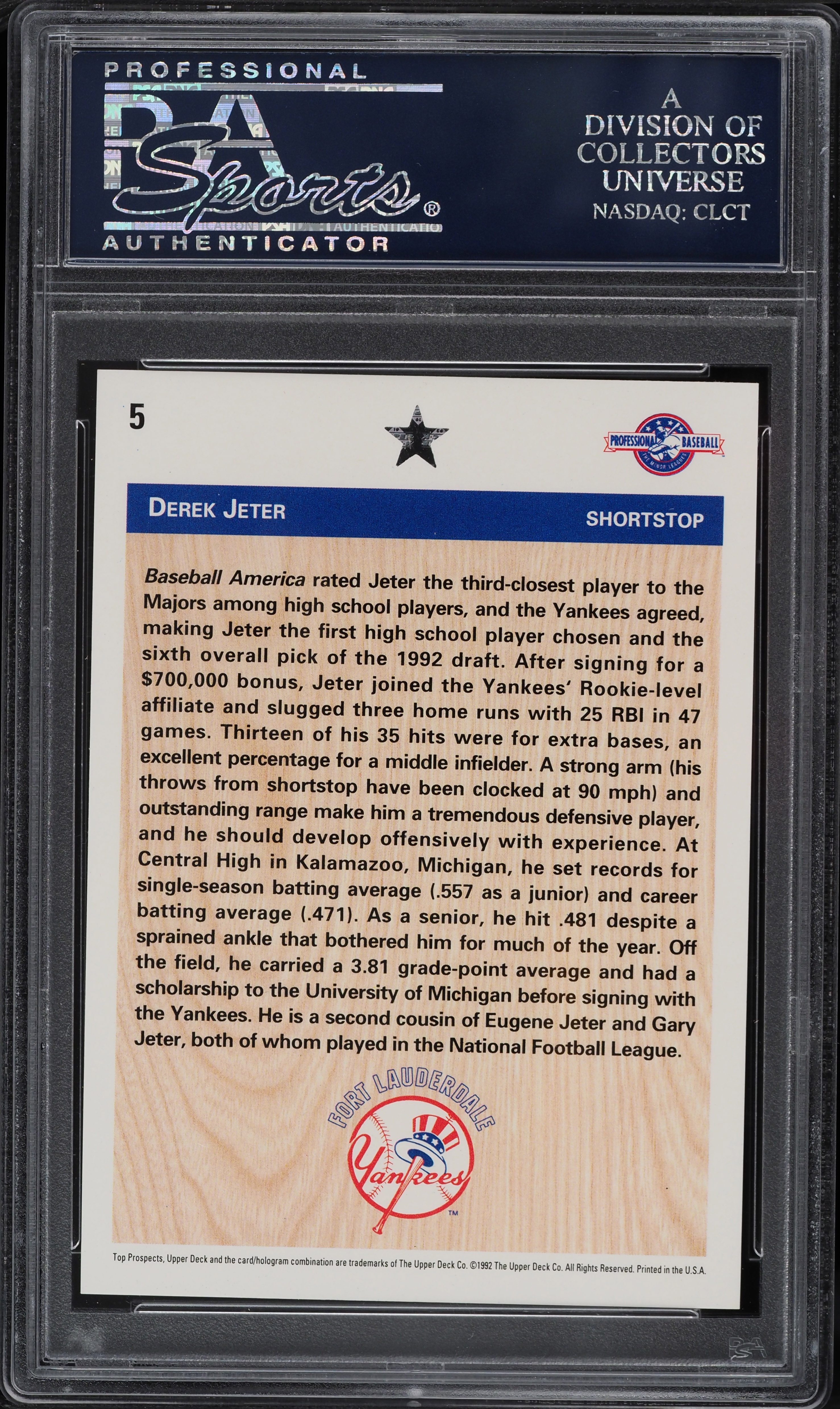 1992 Upper Deck Minor League Derek Jeter ROOKIE #5 PSA 10 GEM MINT