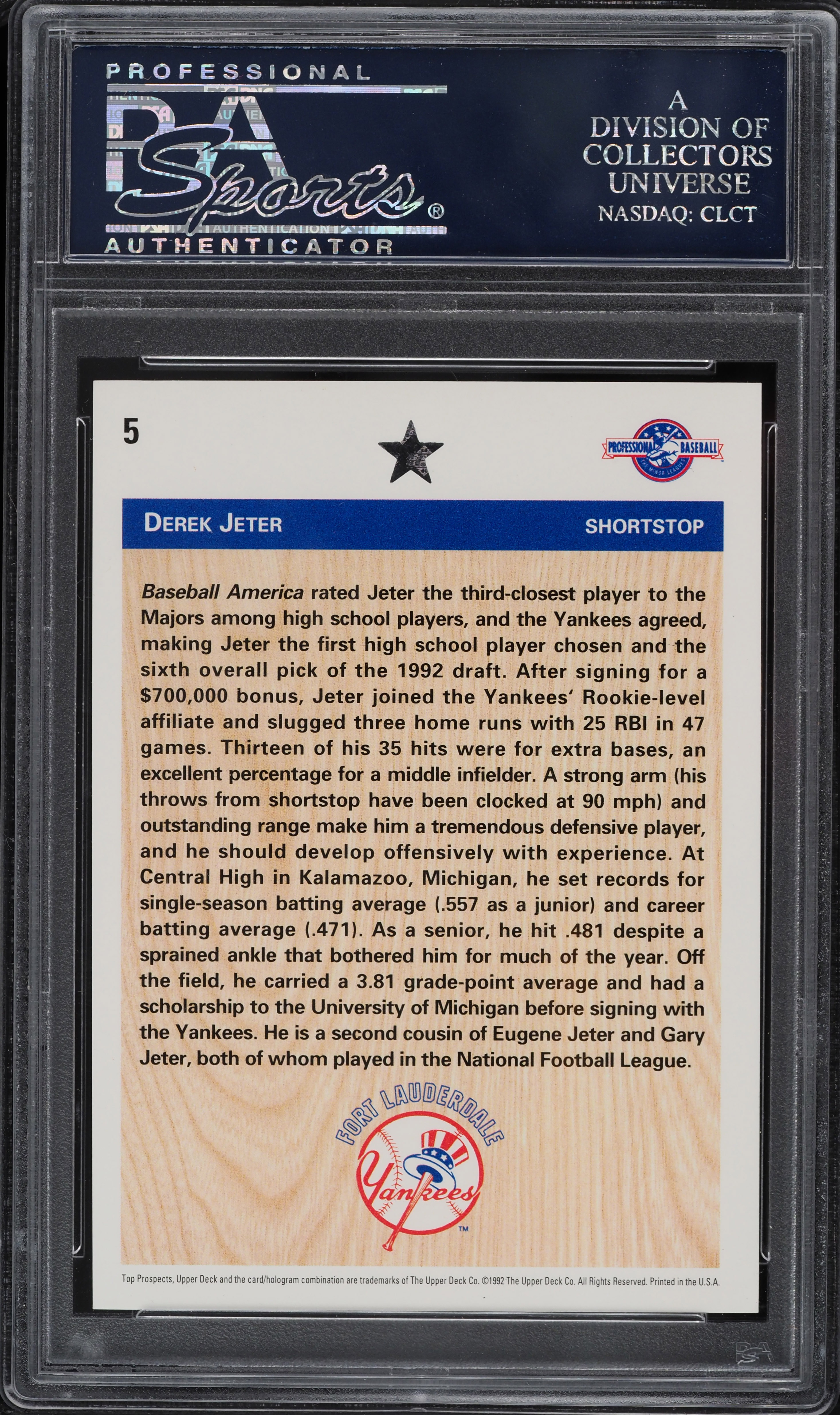 1992 Upper Deck Minor League Derek Jeter ROOKIE #5 PSA 10 GEM MINT