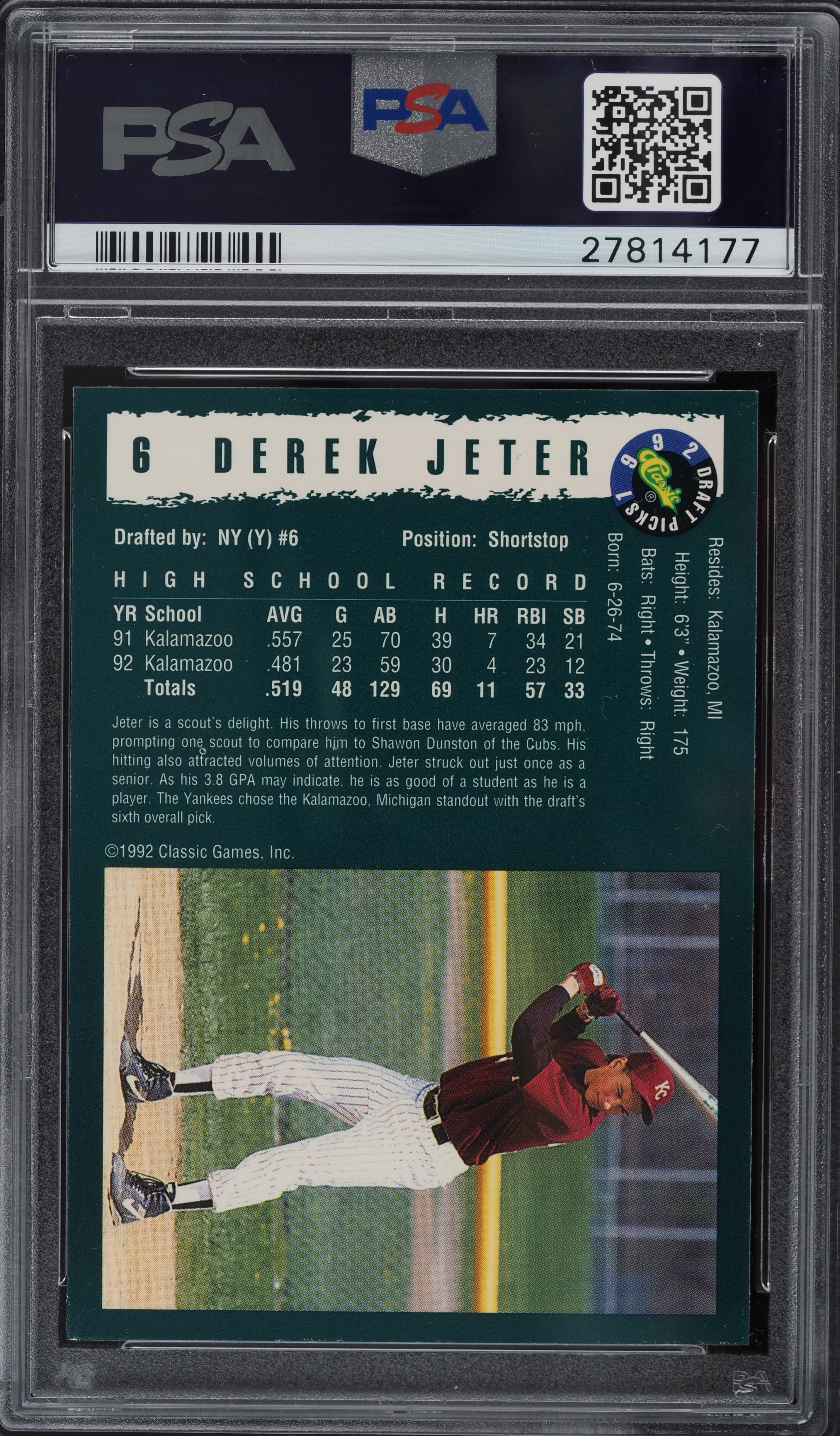 1992 Classic Draft Picks Derek Jeter ROOKIE #6 PSA 10 GEM MINT on