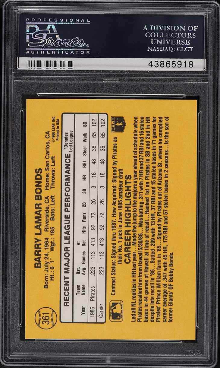 1987 Donruss Barry Bonds ROOKIE #361 PSA 10 GEM MINT