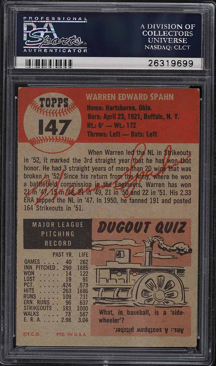 1953 Topps Warren Spahn SHORT PRINT #147 PSA 4.5 VGEX+