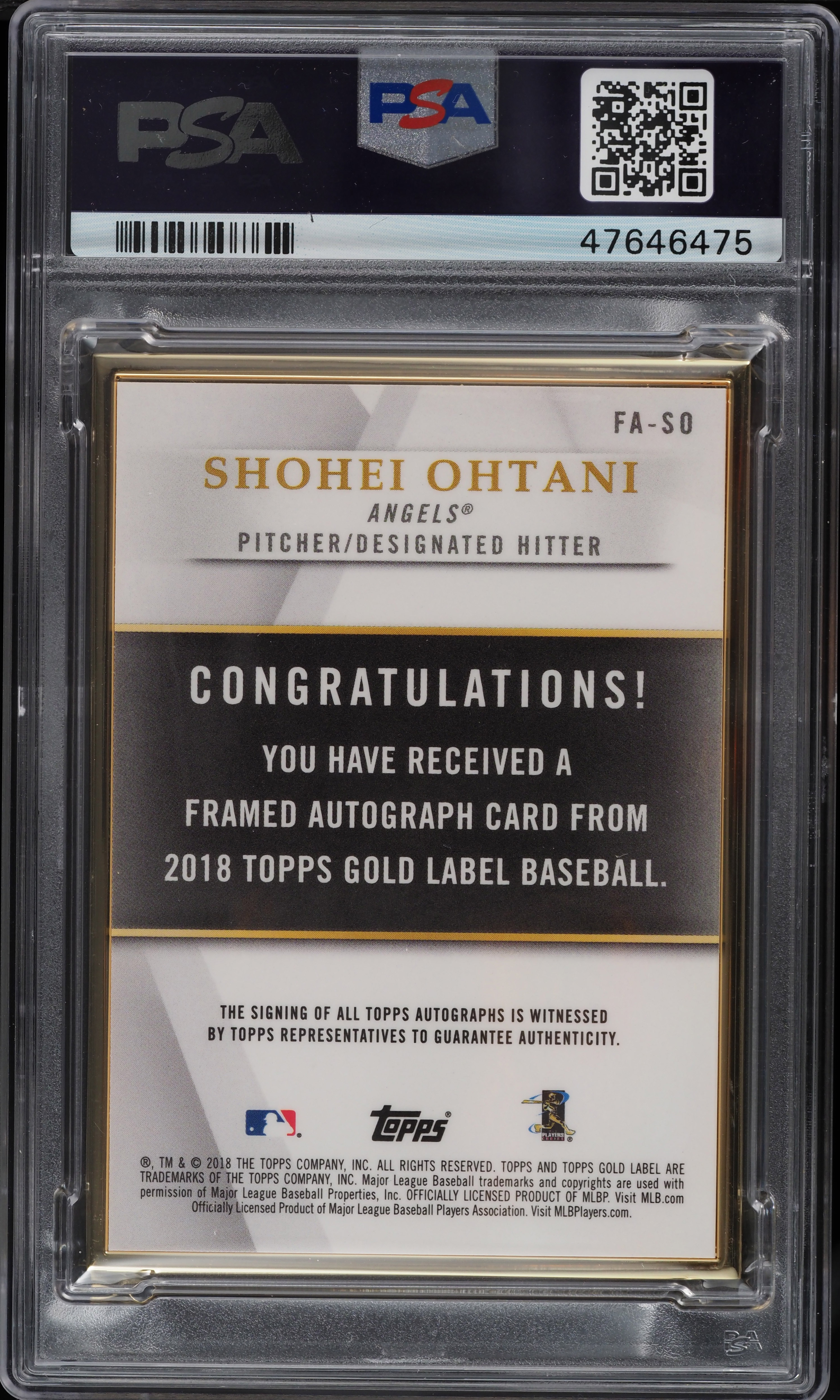 2018 Topps Gold Label Framed Black Shohei Ohtani ROOKIE RC AUTO