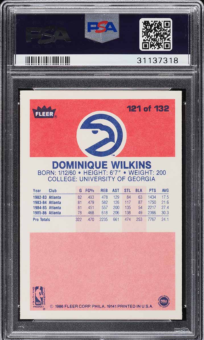 1986 Fleer Basketball Dominique Wilkins ROOKIE #121 PSA 10 GEM MINT