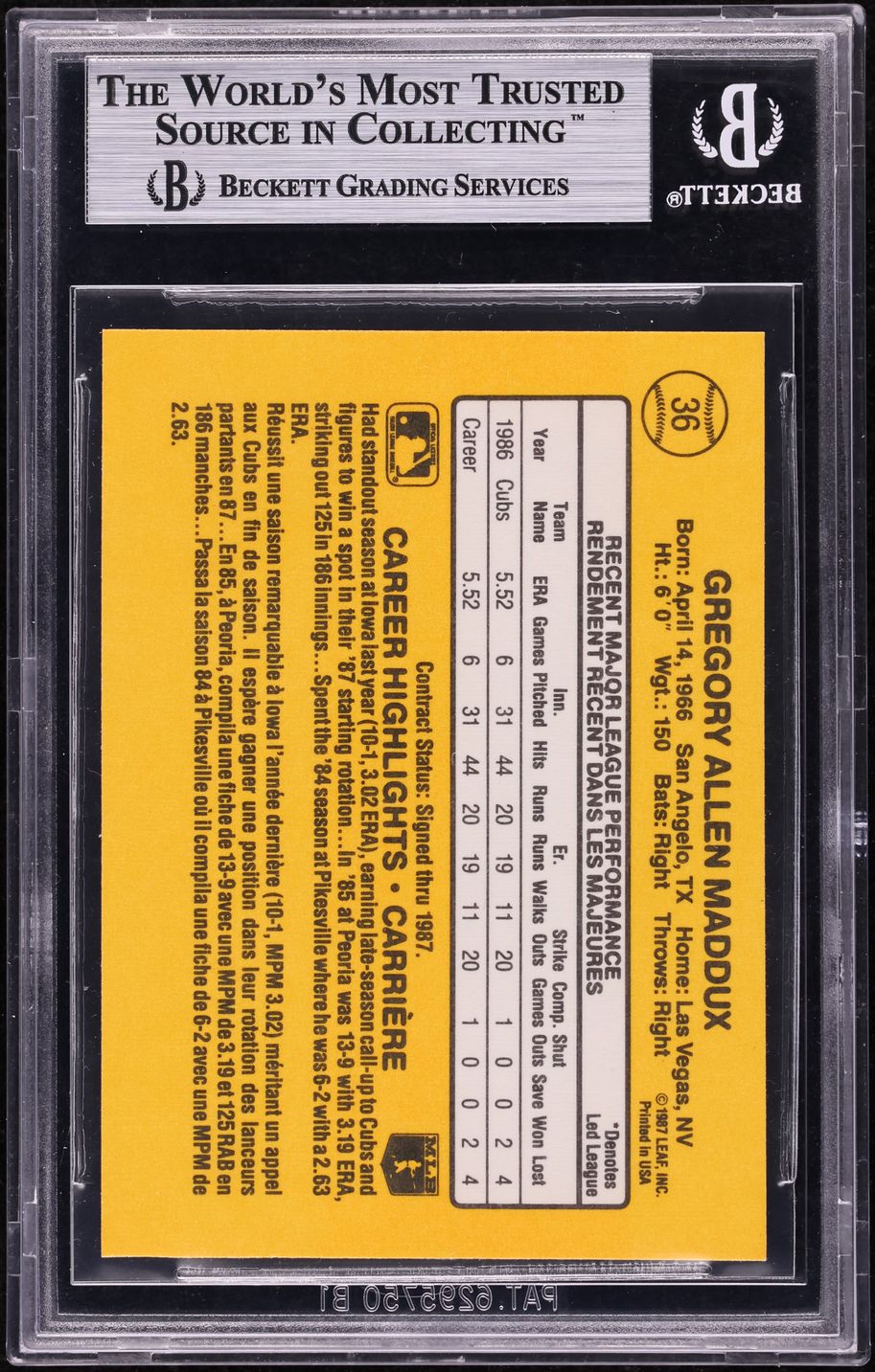 1987 Leaf Greg Maddux ROOKIE #36 BGS 9 MINT