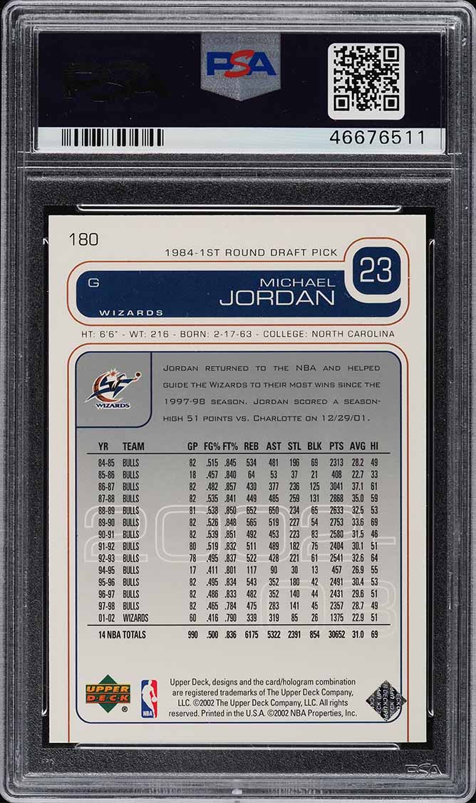 2002 Upper Deck Basketball Michael Jordan #180 PSA 8.5 NM-MT+
