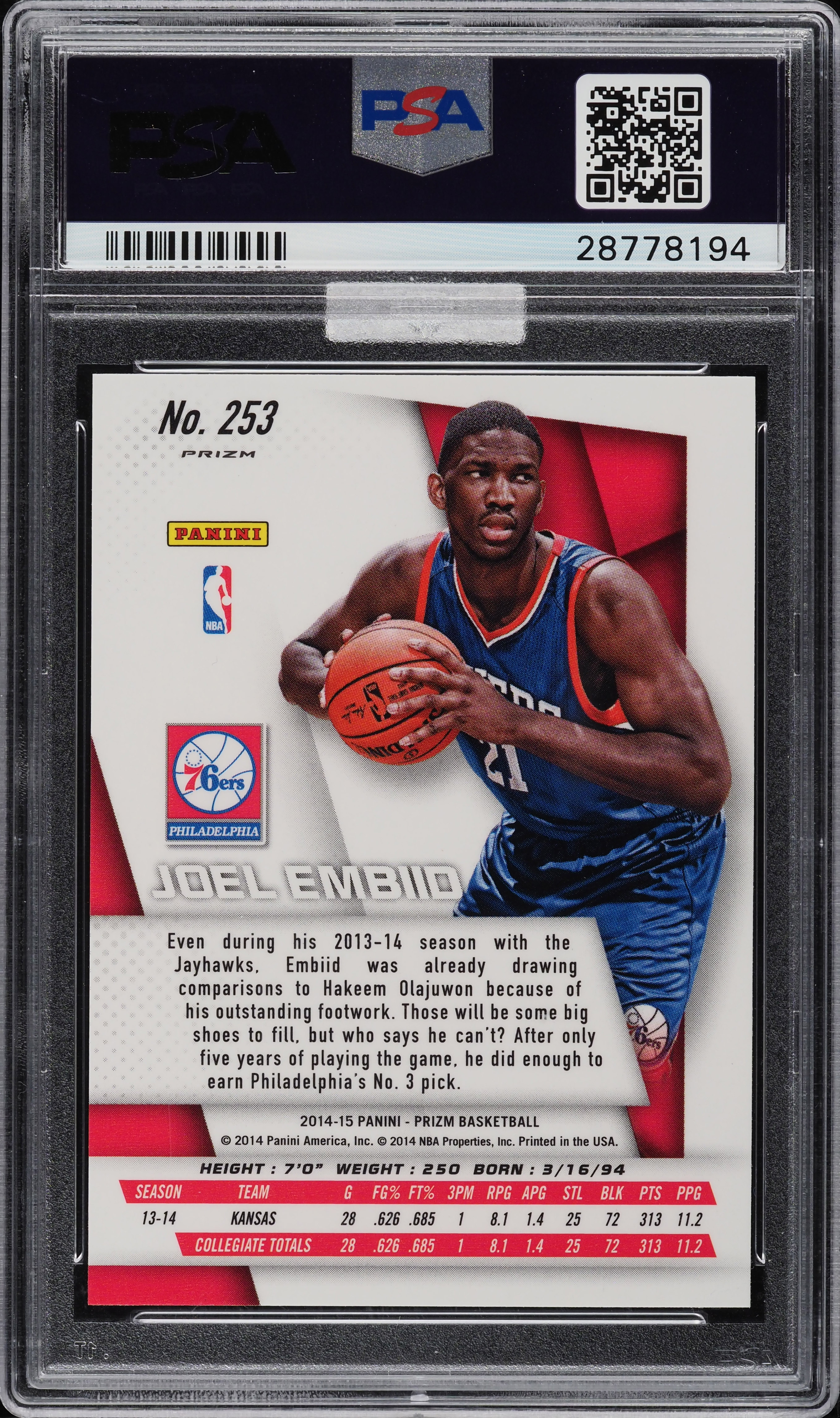 2014 Panini Prizm Silver Prizms Joel Embiid ROOKIE #253 MBA PSA 10