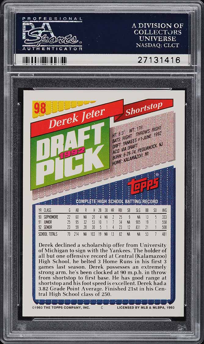 1993 Topps Derek Jeter ROOKIE #98 PSA 10 GEM MINT