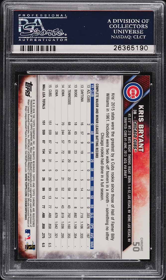 2016 Topps Chrome Vertical Kris Bryant #50 PSA 10 GEM MINT