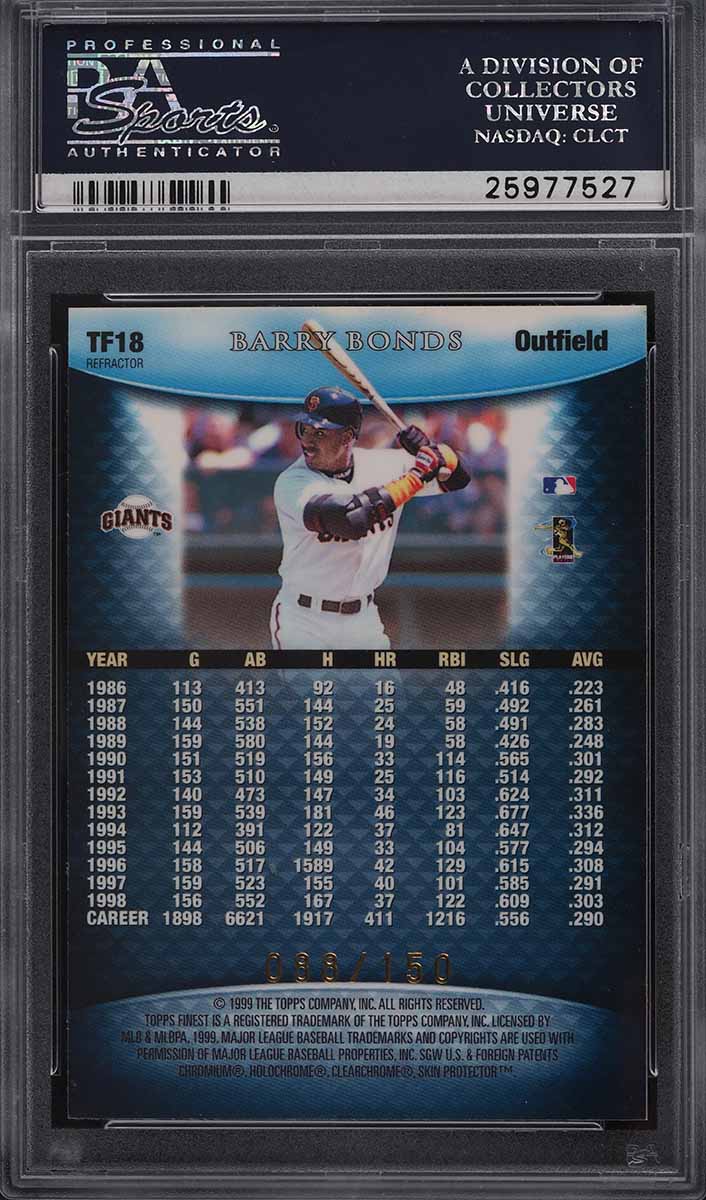 1999 Finest Team Blue Refractor Barry Bonds /150 #TF18 PSA 10 GEM MINT