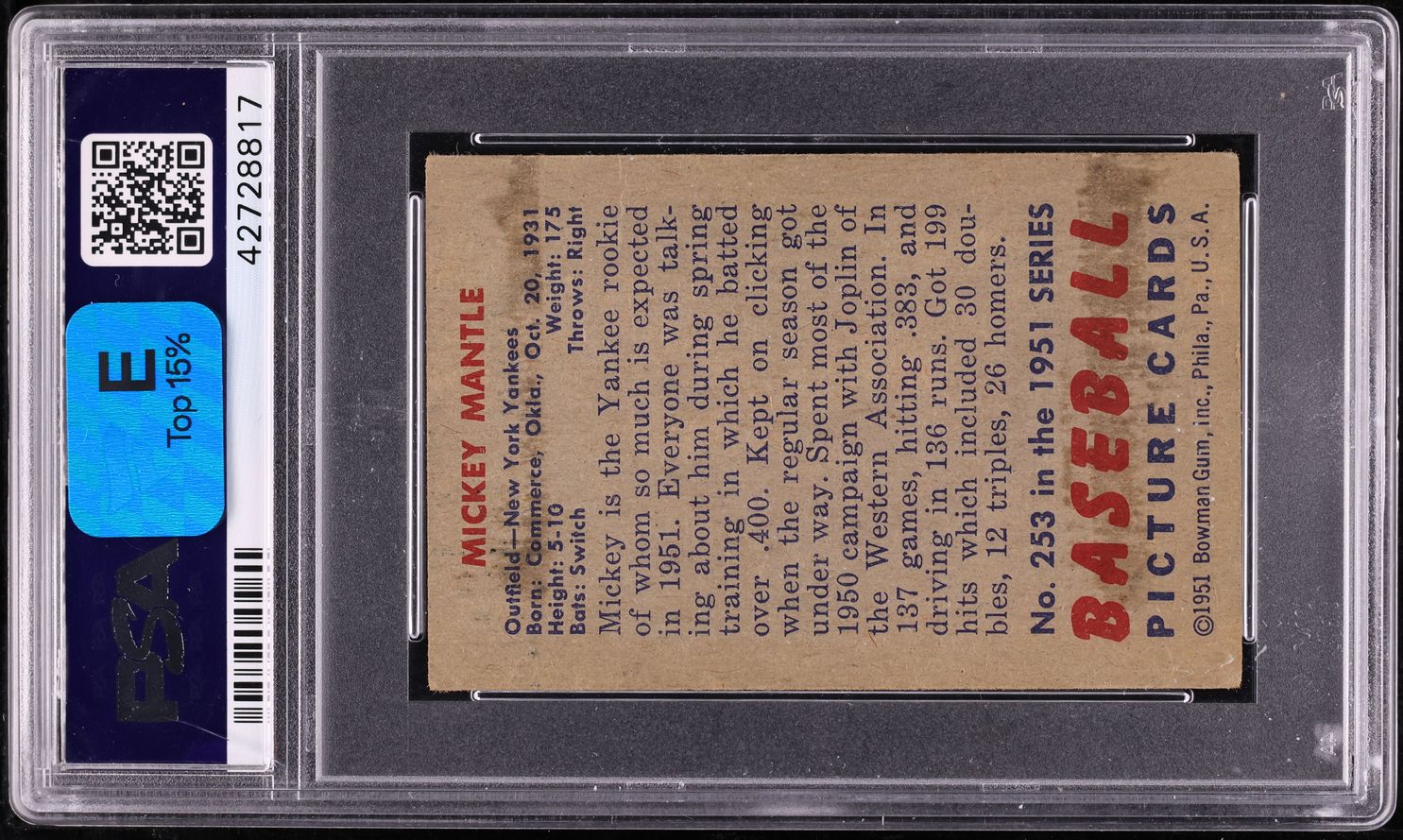 1951 Bowman Mickey Mantle ROOKIE #253 PSA 3 VG