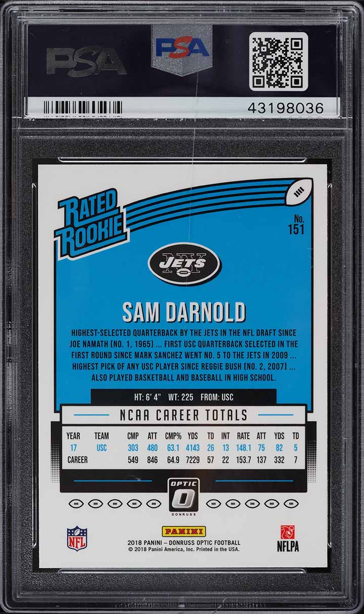 2018 Donruss Optic Sam Darnold ROOKIE RC #151 PSA 10 GEM MINT