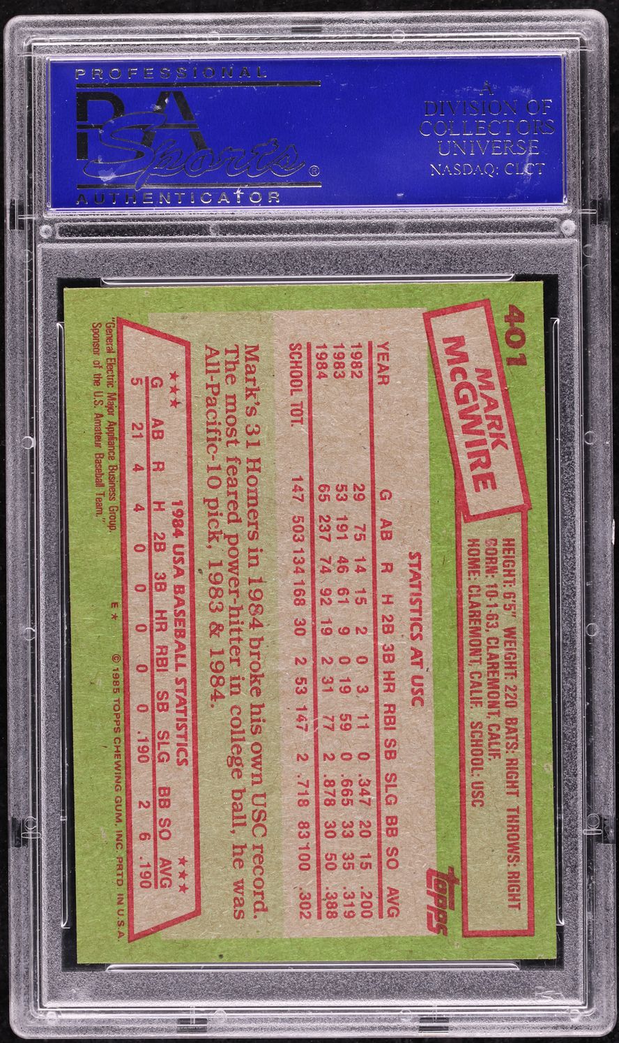 1985 Topps Mark McGwire ROOKIE #401 PSA 9 MINT