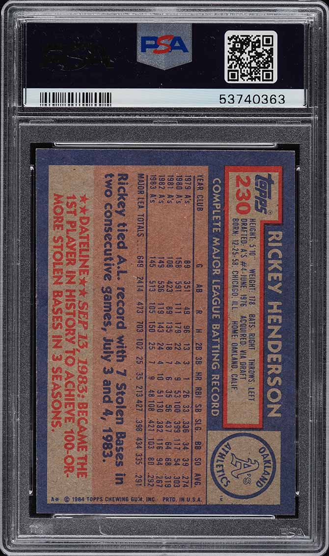 1984 Topps Rickey Henderson #230 PSA 9 MINT