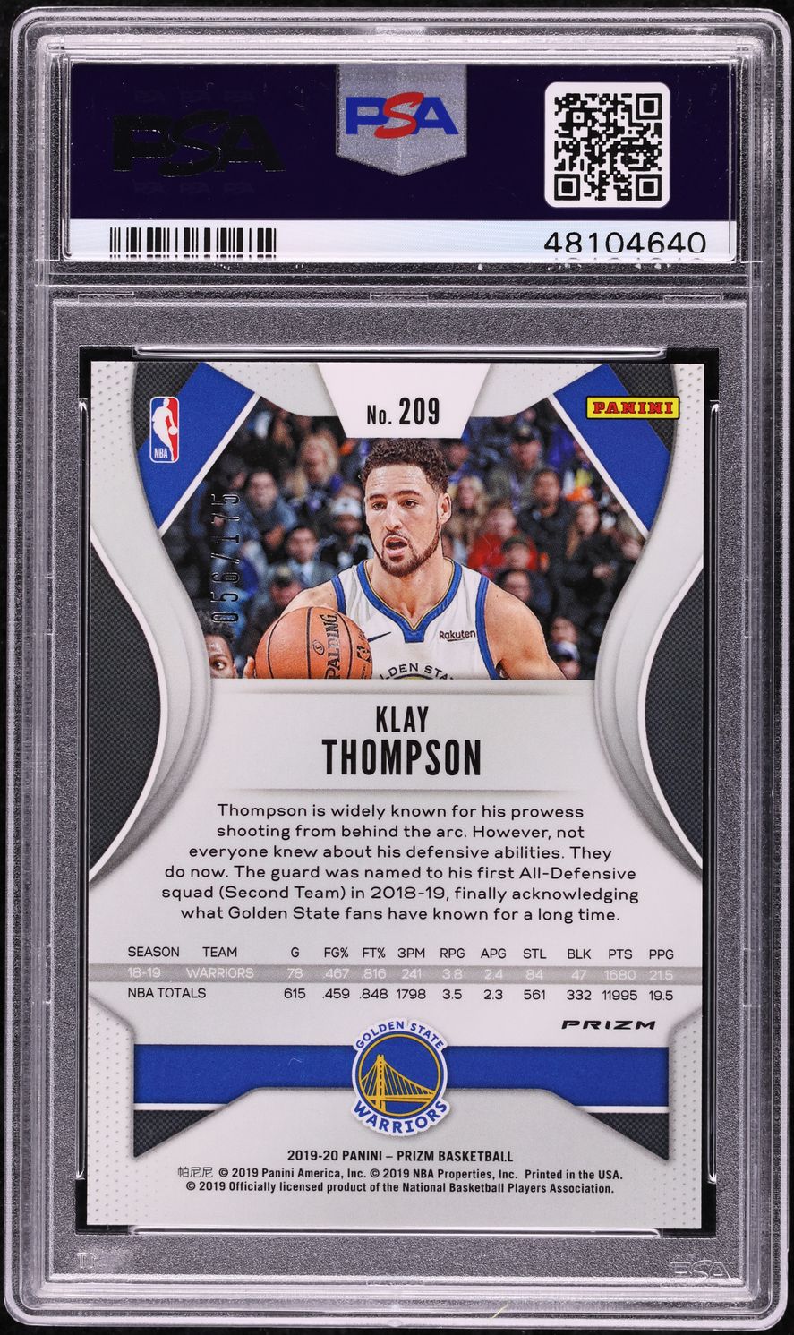 2019 Panini Prizm Fast Break Blue Klay Thompson /175 #209 PSA 10 GEM MINT