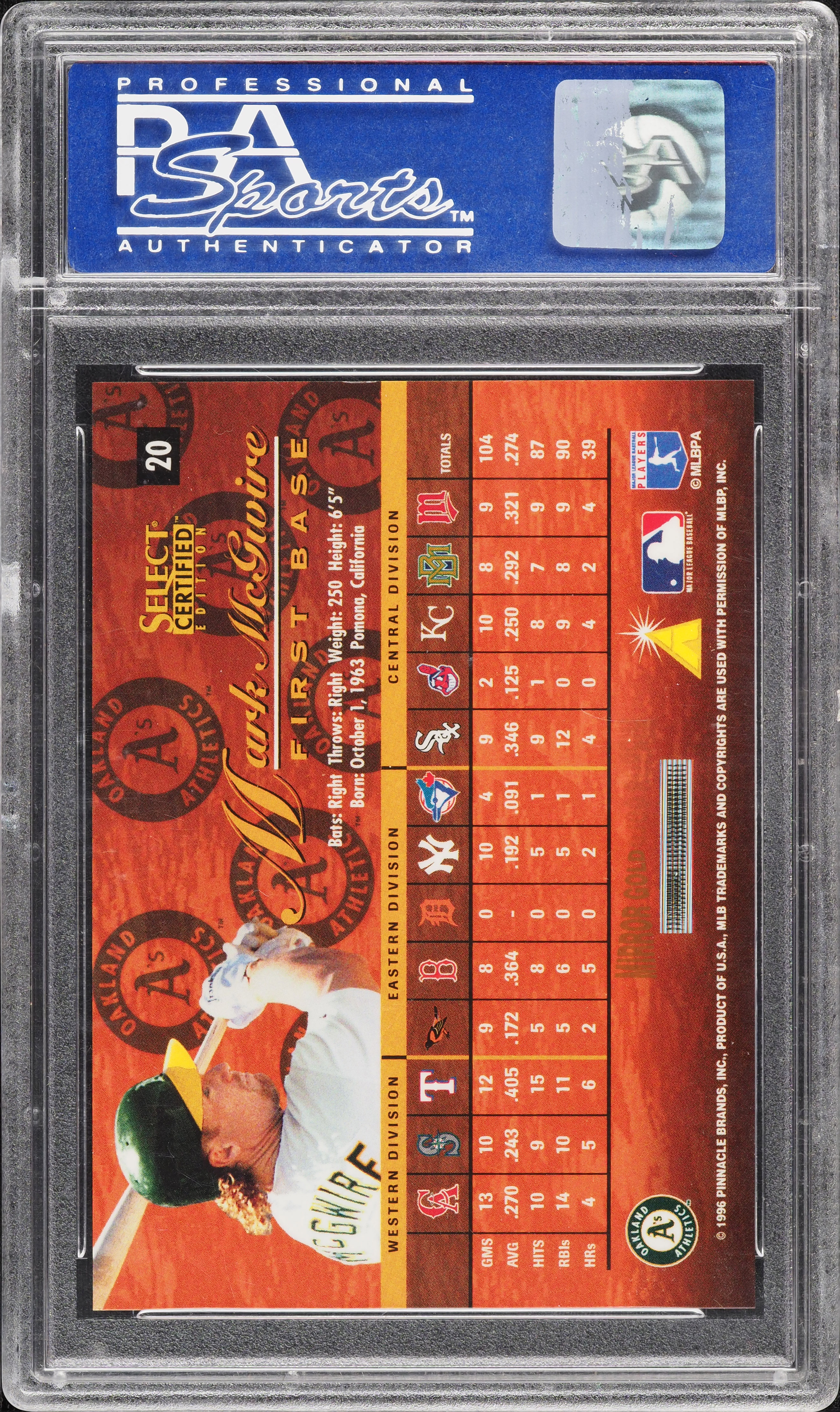1996 Select Certified Mirror Gold Mark McGwire /30 #20 PSA 9 MINT