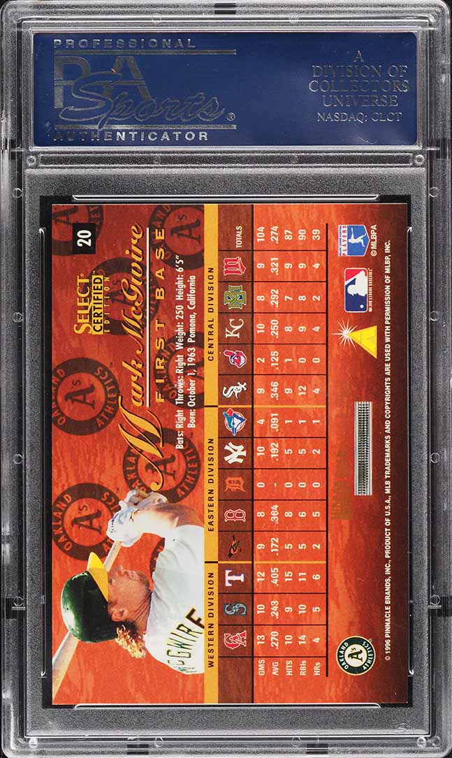 1996 Select Certified Mirror Gold Mark McGwire /30 #20 PSA 9 MINT