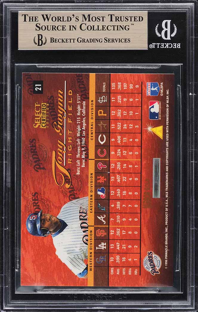 1996 Select Certified Mirror Gold Tony Gwynn /30 #21 BGS 9.5 GEM MINT