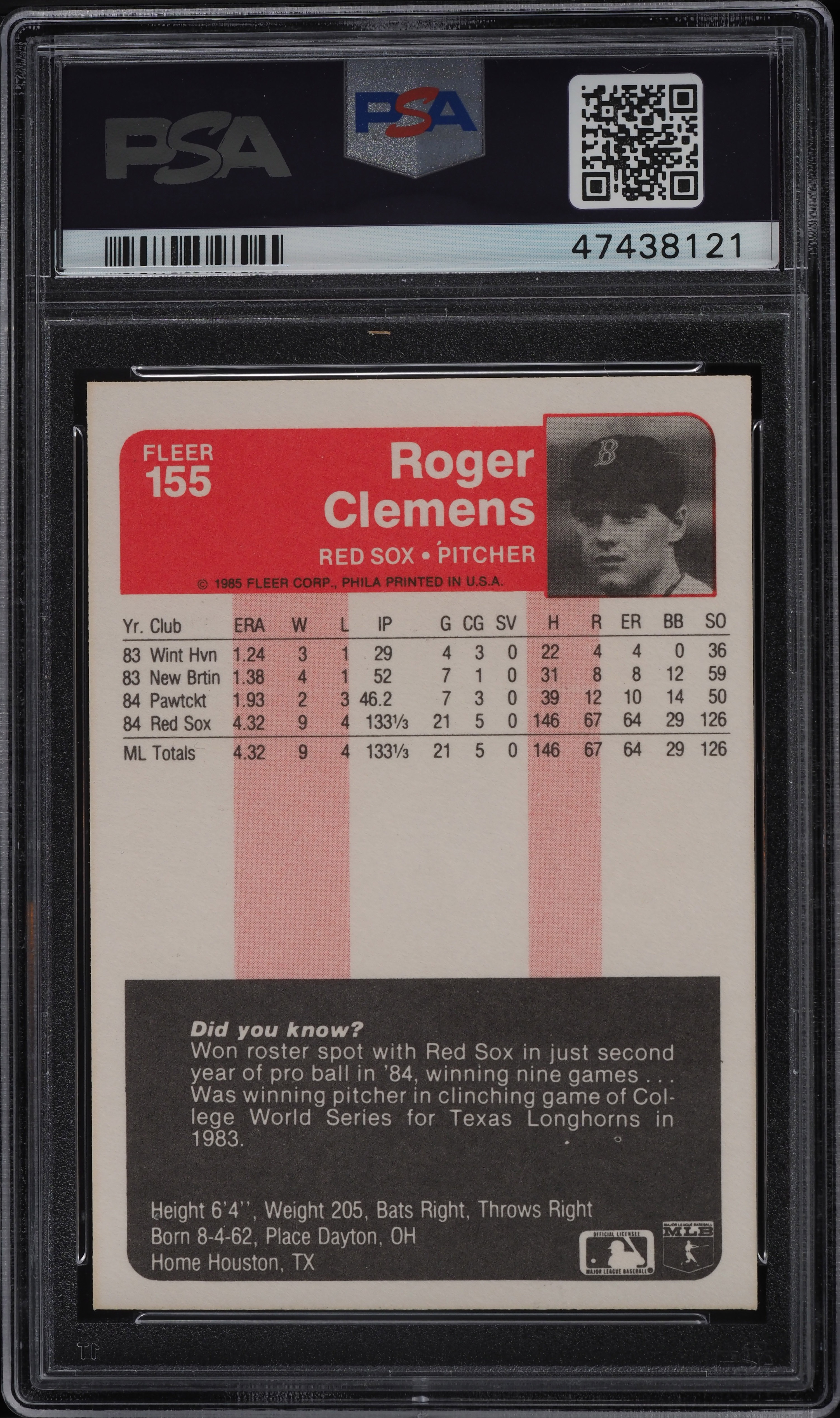 1985 Fleer Roger Clemens ROOKIE #155 PSA 8 NM-MT on Fanatics Collect