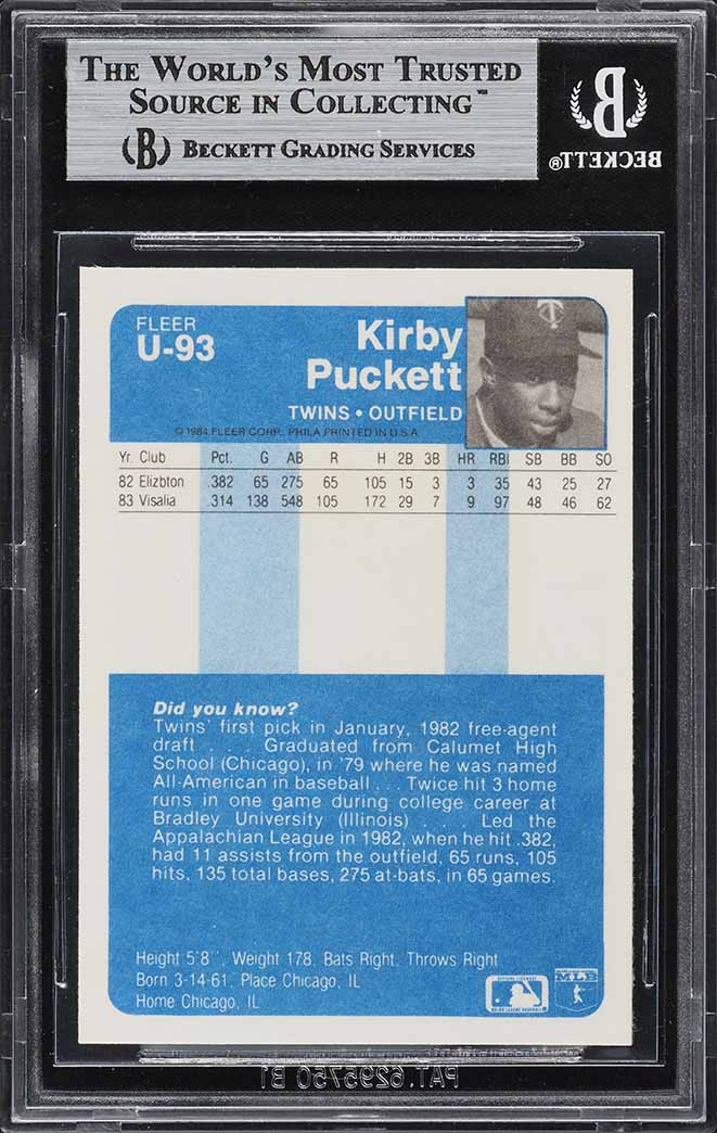 1984 Fleer Update Kirkby Puckett ROOKIE #U-93 BGS 9 MINT
