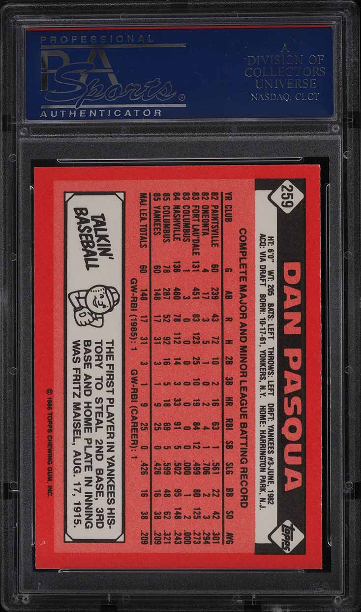 1986 Topps Tiffany Dan Pasqua #259 PSA 10 GEM MINT