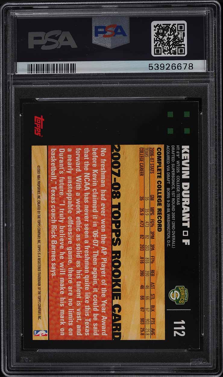 2007 Topps Basketball Kevin Durant ROOKIE RC #112 PSA 9 MINT