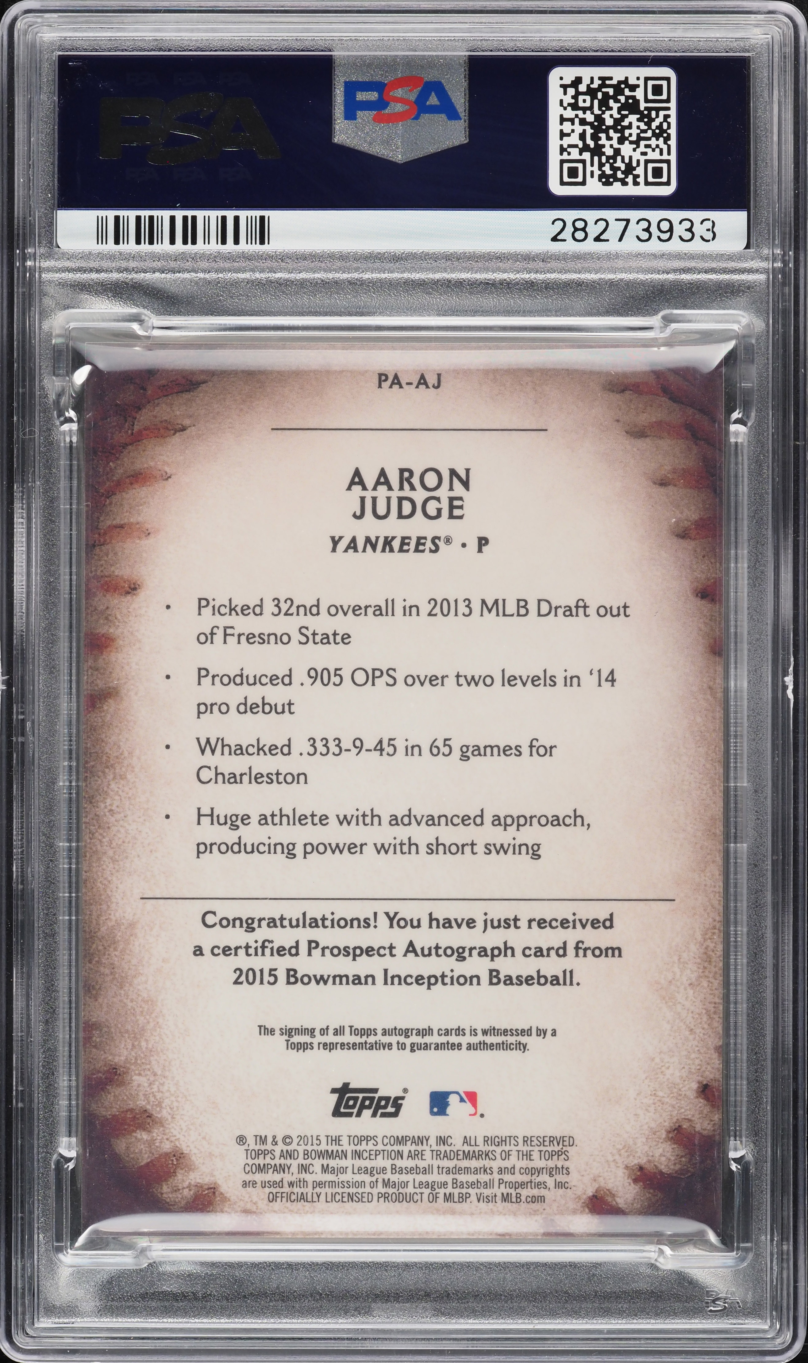 Aaron Judge auto 2015 直筆サイン Inception Aaron Judge New York Yankees Autographed 2015 Bowman Inception #PA