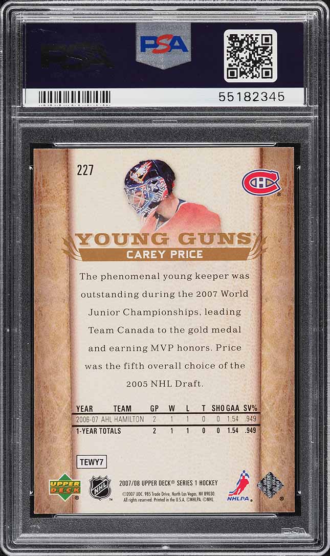 2007 Upper Deck Young Guns Carey Price ROOKIE #227 PSA 10 GEM MINT